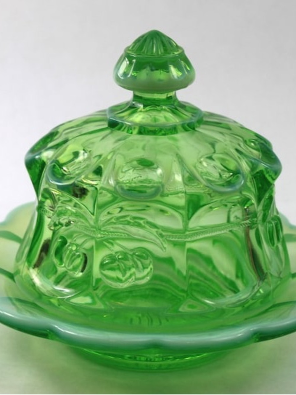 Mosser Glass Cherry Print Vintage Green Glass Covered Butter Dish - Picture 2 of 11